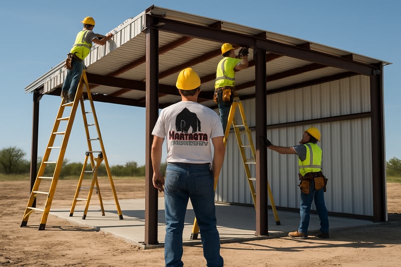 Mammoth Metal Buildings team assembling a pre-engineered metal building on-site Mammoth Metal Buildings team assembling a pre-engineered metal building on-site