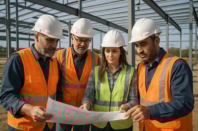 Team of metal building experts reviewing blueprints at a construction site Team of metal building experts reviewing blueprints at a construction site